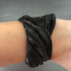 Black Leather Snakeskin Embossed Twist Bracelet